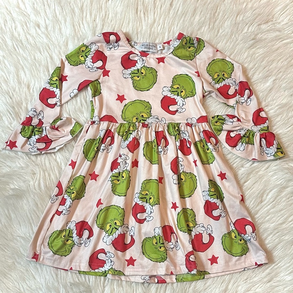 Kids Grinch Print Casual Dress - Pink and Green